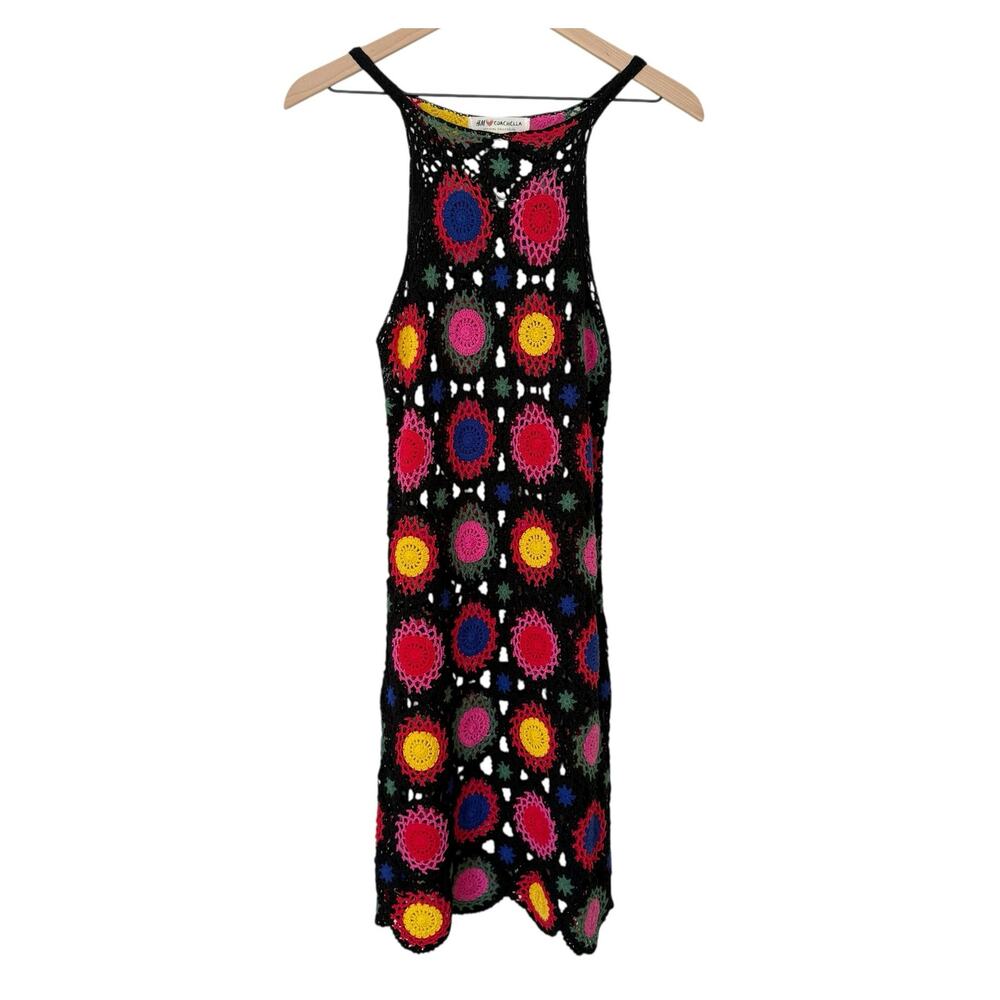 H&M Coachella Crochet Knit Dress Size 8 Black Floral Open Knit Festival Boho Y2K